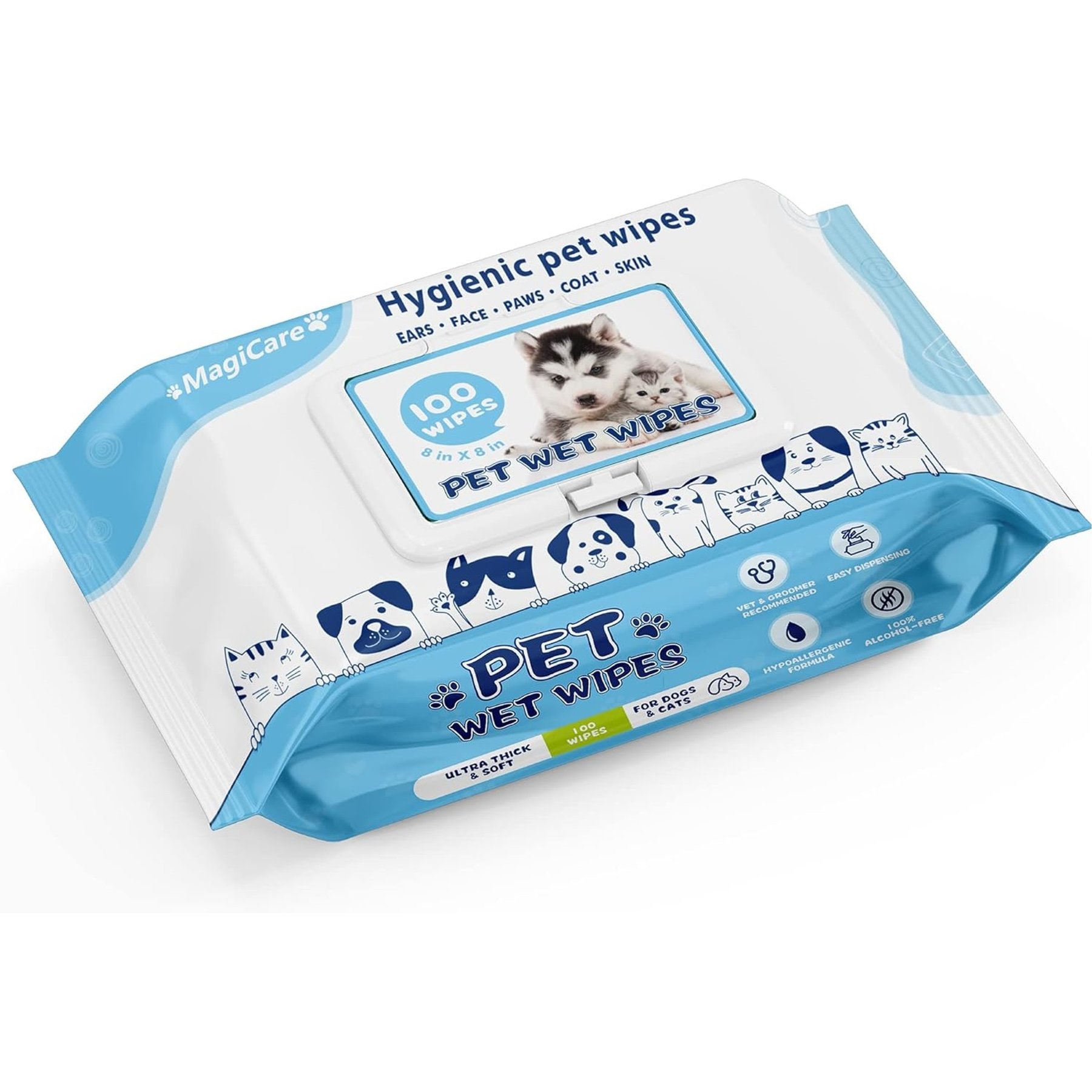 Magicare 8 x 8-in Unscented Ultra Thick & Soft with Hypoallergenic Formula Dog Wipes, White, 100 count