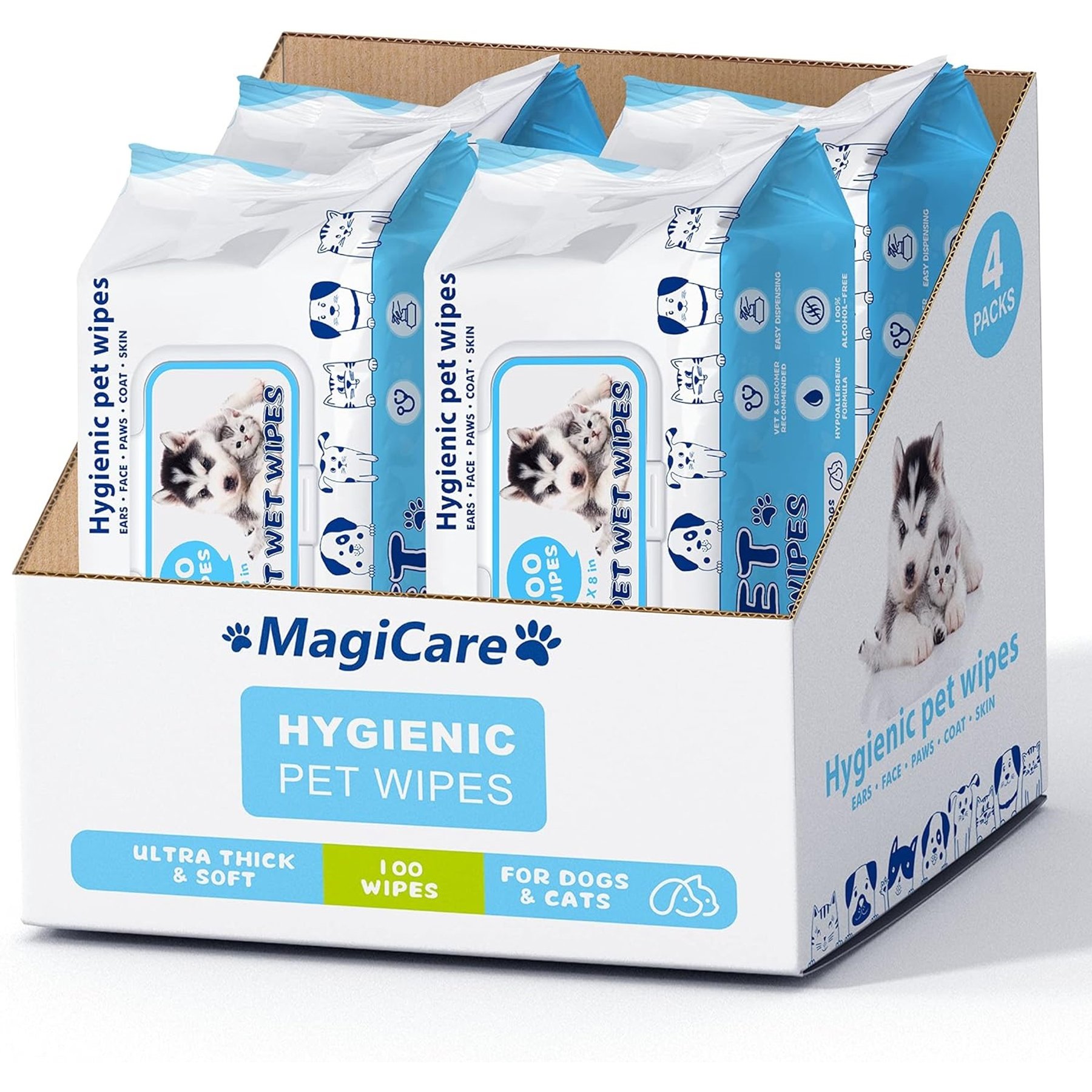 Magicare Magicare 8 x 8-in Unscented Ultra Thick & Soft with Hypoallergenic Formula Dog Wipes, White, 400 count