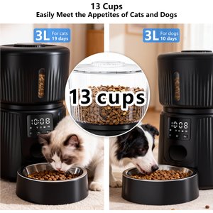 PATPET 2.4G WiFi Food Dispenser with Dual Power Supply Timed Automatic Dog & Cat Feeder, 3-L, Black