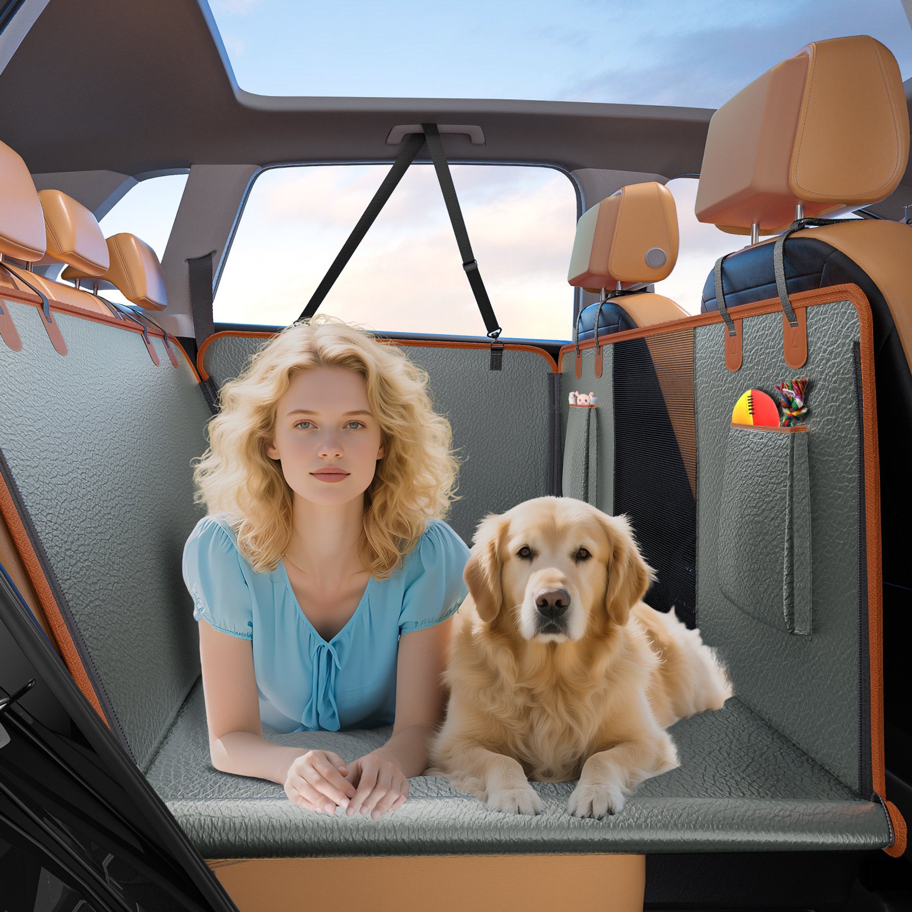 Invenho Hard Bottom, Waterproof PU Leather Hammock Dog Car Backseat Cover, Large, Grey