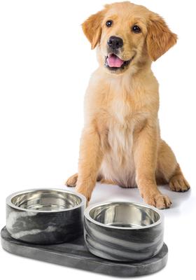 Show full view: THE LICKER STORE Marbre Modern Weighted Double Marble & Stainless Steel Dog & Cat Bowl, Medium: 1.5-cup, Black/White slide 8 of 9