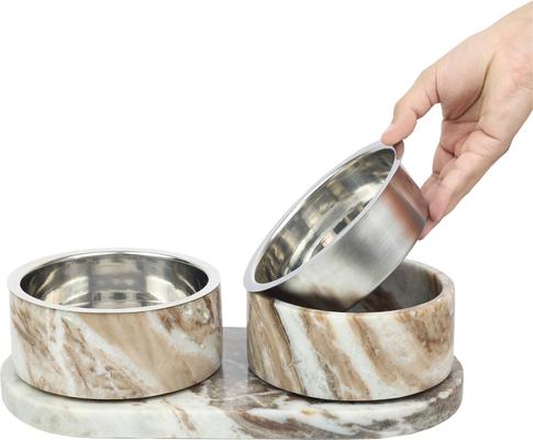 Show full view: THE LICKER STORE Marbre Modern Weighted Double Marble & Stainless Steel Dog & Cat Bowl, Medium: 1.5-cup, Beige/Gray slide 8 of 8