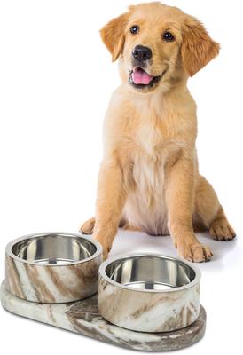 Show full view: THE LICKER STORE Marbre Modern Weighted Double Marble & Stainless Steel Dog & Cat Bowl, Medium: 1.5-cup, Beige/Gray slide 7 of 8