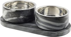 THE LICKER STORE Marbre Modern Weighted Double Marble & Stainless Steel Dog & Cat Bowl, Medium: 1.5-cup, Black/White
