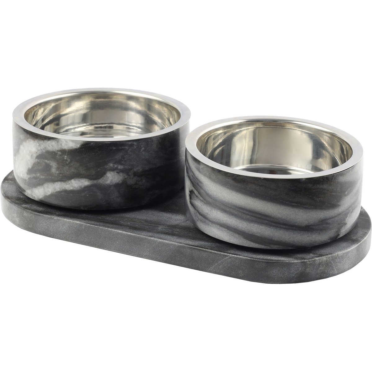 THE LICKER STORE Marbre Modern Weighted Double Marble & Stainless Steel Dog & Cat Bowl, Medium: 1.5-cup, Black/White