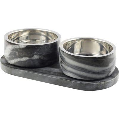 THE LICKER STORE THE LICKER STORE Marbre Modern Weighted Double Marble & Stainless Steel Dog & Cat Bowl, Medium: 1.5-cup, Black/White