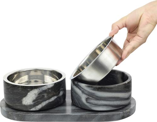 Show full view: THE LICKER STORE Marbre Modern Weighted Double Marble & Stainless Steel Dog & Cat Bowl, Medium: 1.5-cup, Black/White slide 9 of 9