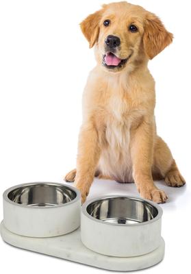 Show full view: THE LICKER STORE Marbre Modern Weighted Double Marble & Stainless Steel Dog & Cat Bowl, Medium: 1.5-cup, White slide 7 of 8