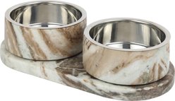 THE LICKER STORE Marbre Modern Weighted Double Marble & Stainless Steel Dog & Cat Bowl, Medium: 1.5-cup, Beige/Gray