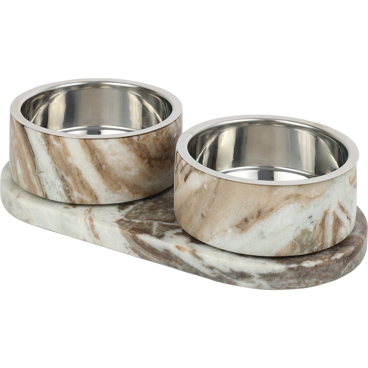 THE LICKER STORE Marbre Modern Weighted Double Marble & Stainless Steel Dog & Cat Bowl, Medium: 1.5-cup, Beige/Gray