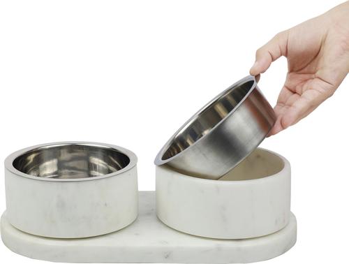 Show full view: THE LICKER STORE Marbre Modern Weighted Double Marble & Stainless Steel Dog & Cat Bowl, Medium: 1.5-cup, White slide 8 of 8