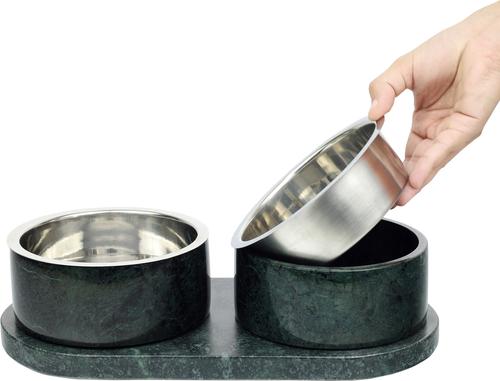 Show full view: THE LICKER STORE Marbre Modern Weighted Double Marble & Stainless Steel Dog & Cat Bowl, Medium: 1.5-cup, Green slide 8 of 8