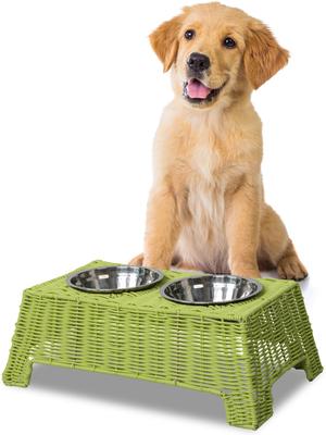 Show full view: THE LICKER STORE Serenity 6.9-in Elevated Dog & Cat Wicker with Two Stainless Steel Bowls, Medium: 2.2-cup, Light Green slide 6 of 7