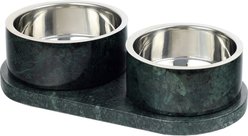 THE LICKER STORE Marbre Modern Weighted Double Marble & Stainless Steel Dog & Cat Bowl, Medium: 1.5-cup, Green