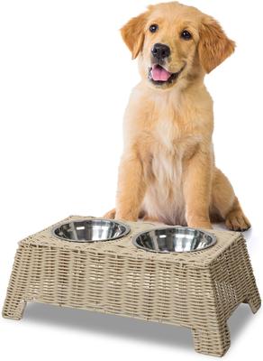 Show full view: THE LICKER STORE Serenity 6.9-in Elevated Dog & Cat Wicker with Two Stainless Steel Bowls, Medium: 2.2-cup, Almond slide 5 of 6