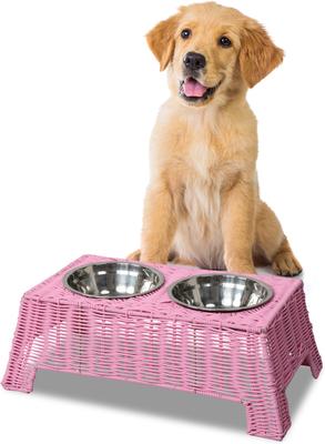 Show full view: THE LICKER STORE Serenity 6.9-in Elevated Dog & Cat Wicker with Two Stainless Steel Bowls, Medium: 2.2-cup, Pink slide 5 of 6