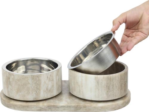 Show full view: THE LICKER STORE Marbre Modern Weighted Double Marble & Stainless Steel Dog & Cat Bowl, Medium: 1.5-cup, Gray/Brown slide 8 of 8