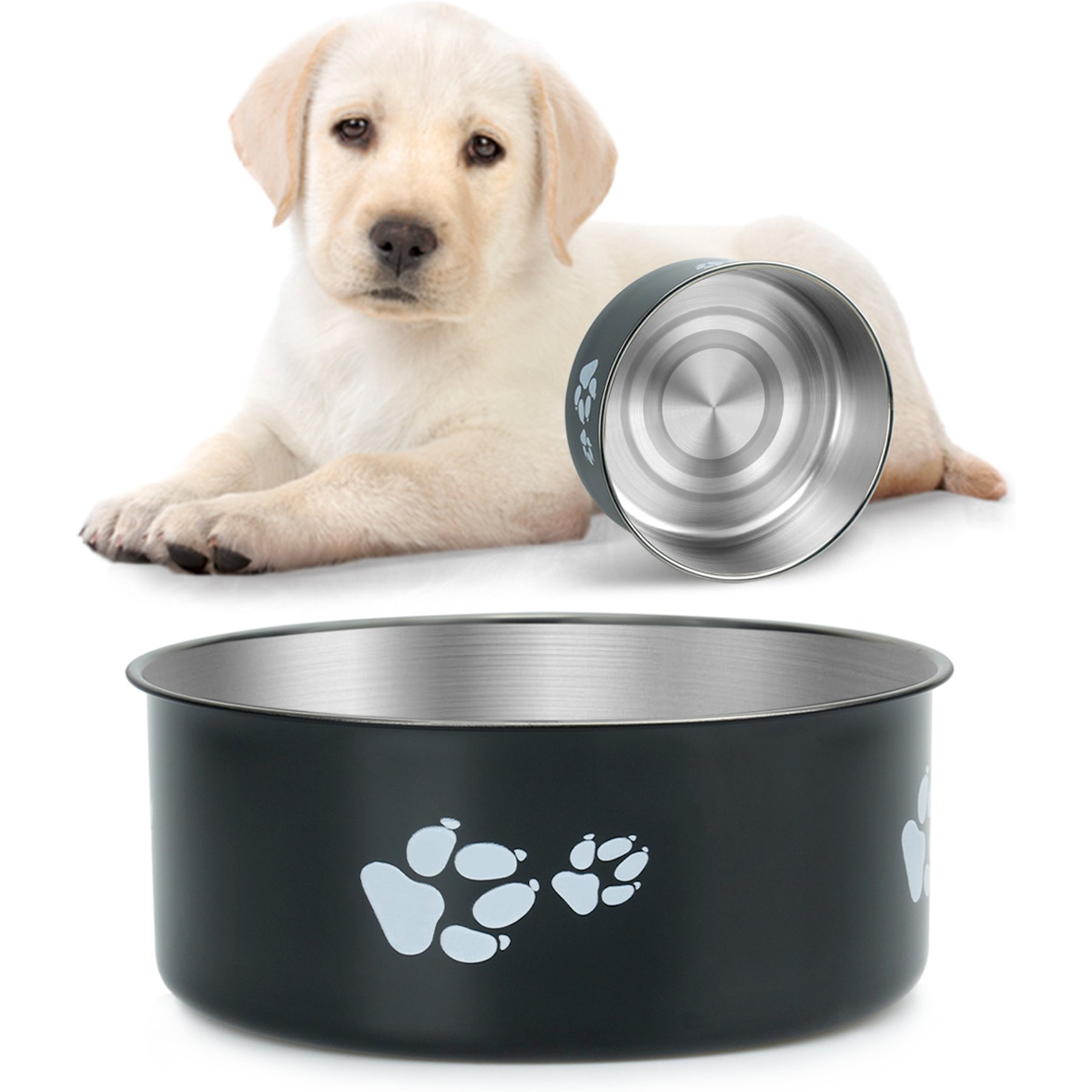 Supet Cartoon Footprint Stainless Steel Dog Bowl, Black, Large
