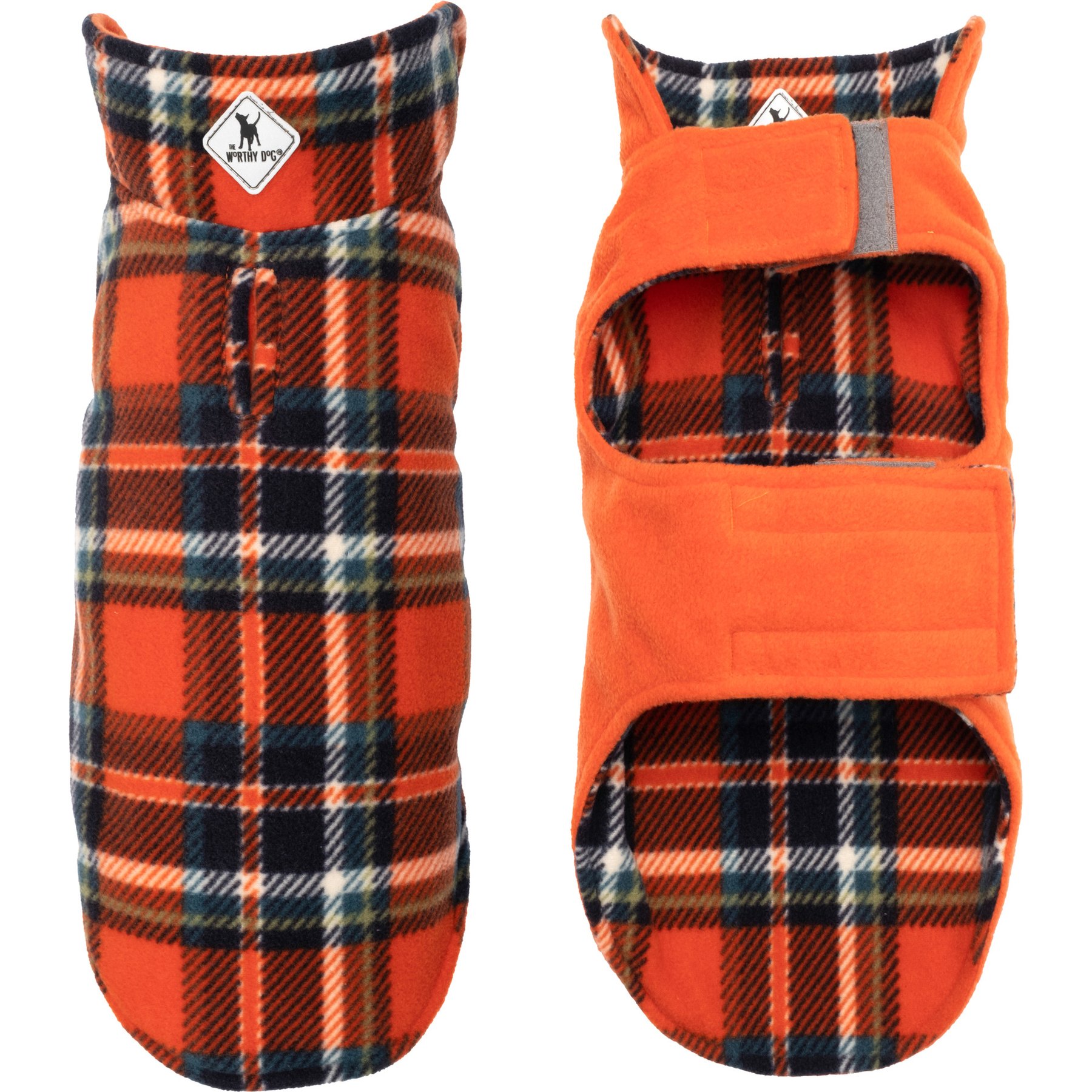 The Worthy Dog Fargo Fleece Dog Jacket, Orange/Navy Plaid, 30-in