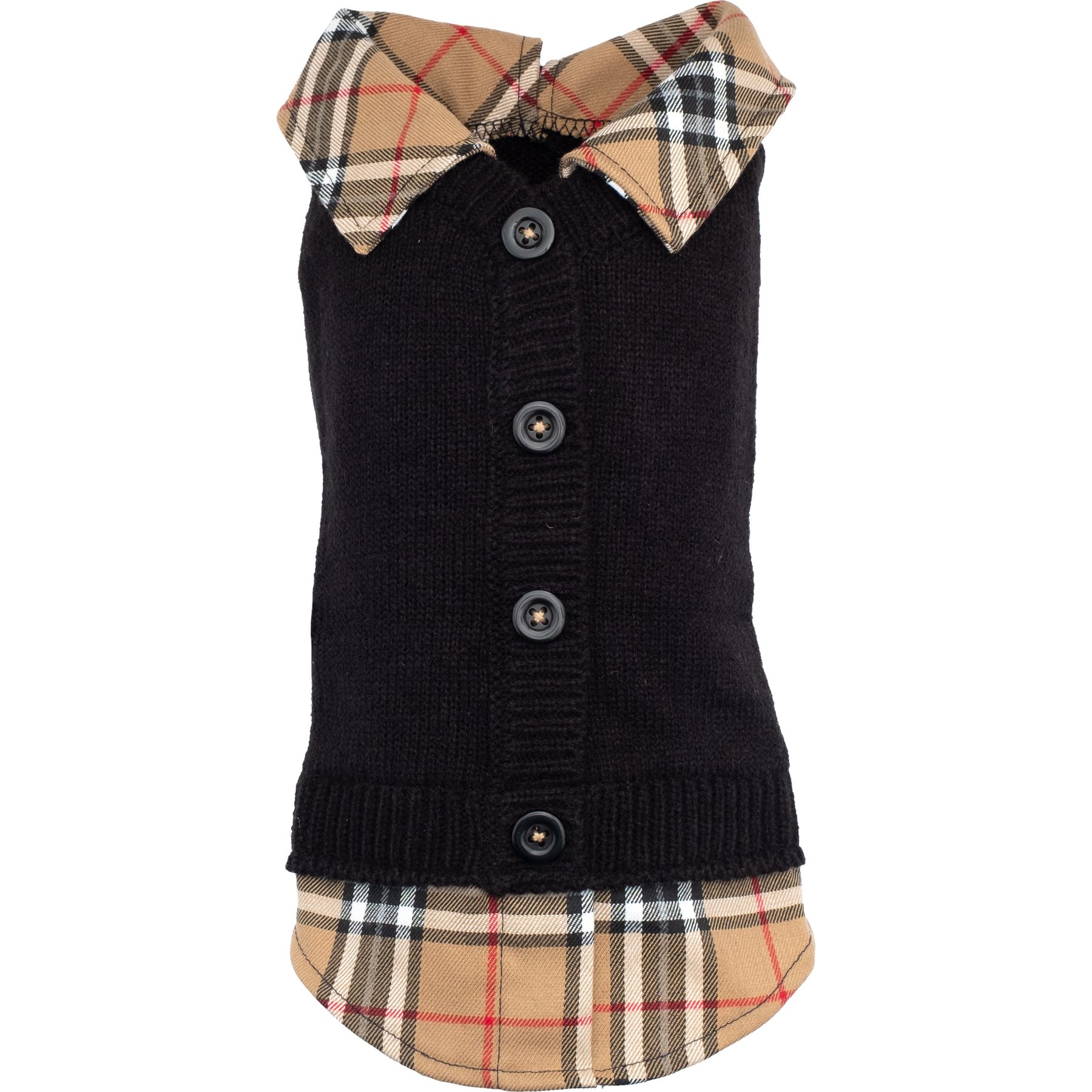 The Worthy Dog Two-Fer Cardigan Dog Sweater, Black/Beige, Medium
