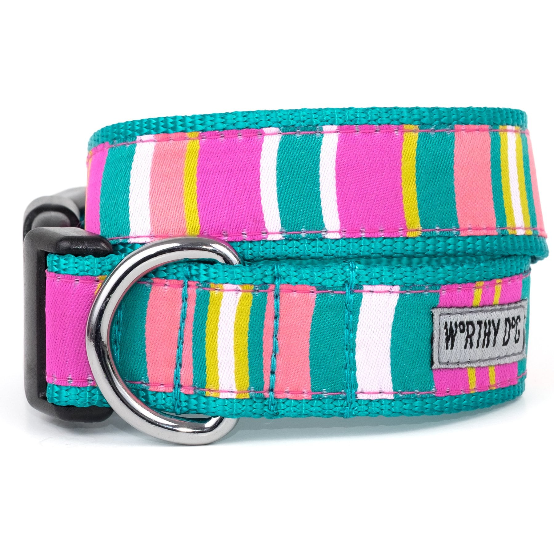 The Worthy Dog Fiesta Stripe Dog Collar, Teal Multicolored, X-Small: 5 to 11-in neck, 1/2-in wide