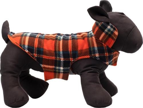 Show full view: The Worthy Dog Fargo Fleece Dog Jacket, Orange/Navy Plaid, 28-in slide 2 of 3