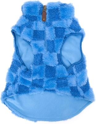 Show full view: The Worthy Dog Faux Fur Check 1/2 Zip Pullover Dog Coat, Blue, Small slide 3 of 4