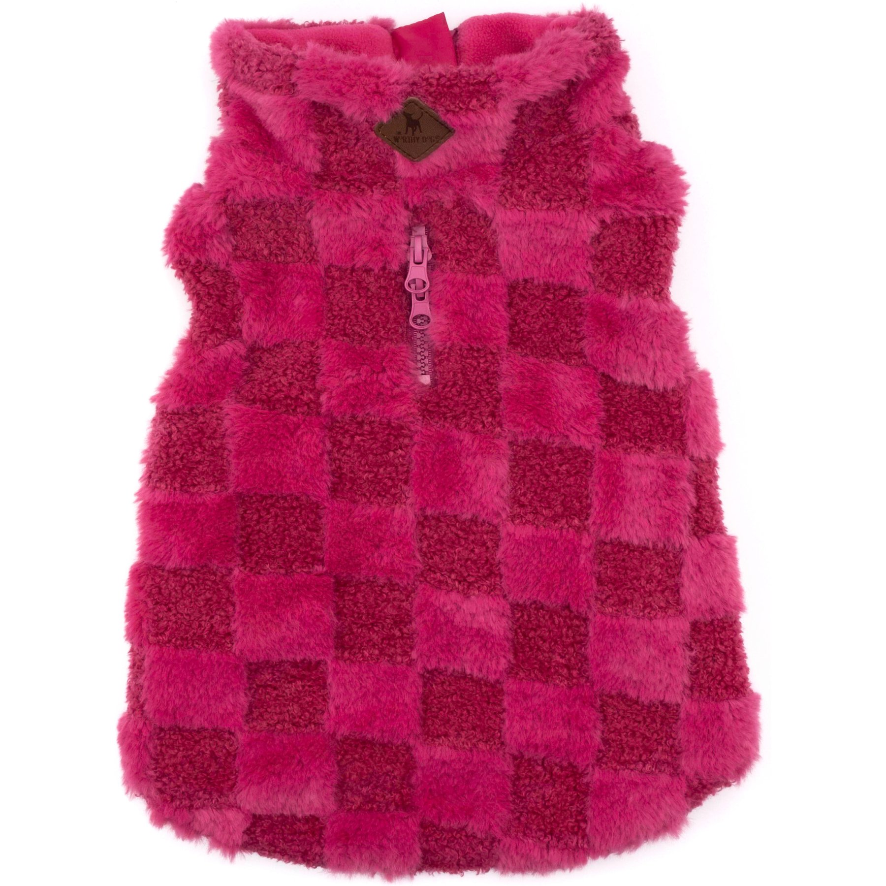 The Worthy Dog Faux Fur Check 1/2 Zip Pullover Dog Coat, Pink, Medium