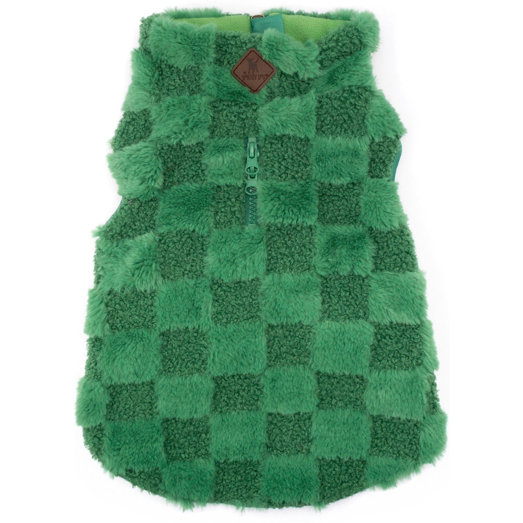 The Worthy Dog Faux Fur Check 1/2 Zip Pullover Dog Coat, Green, X-Large