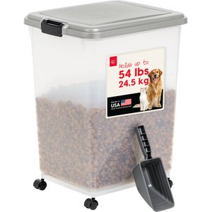 IRIS WeatherPro Airtight Dog, Cat & Bird with Scoop Food Storage Container, Gray & Black, 54-lb