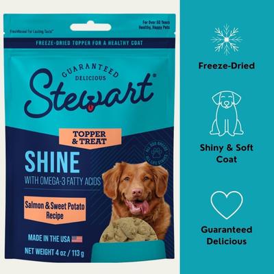 Show full view: Stewart Shine with Omega-3 Fatty Acids Salmon & Sweet Potato Recipe Limited- Ingredient Freeze-Dried Dog Meal Topper & Treats, 8-oz pouch slide 4 of 5