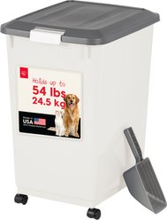 IRIS WeatherPro Airtight Attachable Wheels Dog, Cat & Bird Food Storage Container, White, 54-lb