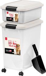 IRIS 3-Piece WeatherPro Airtight Stackable Dog, Cat & Bird Food Storage Container Combo with Scoop & Treat Box, Clear & White, 41-lb