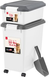 IRIS 3-Piece WeatherPro Airtight Stackable Dog, Cat & Bird Food Storage Container Combo with Scoop & Treat Box, White/Gray, 41-lb