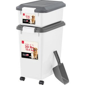 IRIS 3-Piece WeatherPro Airtight Stackable Dog, Cat & Bird Food Storage Container Combo with Scoop & Treat Box, White/Gray, 41-lb