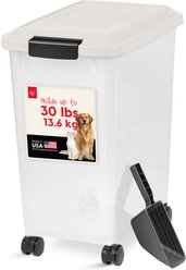 IRIS WeatherPro Airtight Attachable Wheels Dog, Cat & Bird Food Storage Container, White & Clear, 30-lb