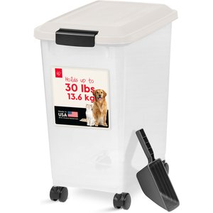 IRIS WeatherPro Airtight Attachable Wheels Dog, Cat & Bird Food Storage Container, White & Clear, 30-lb