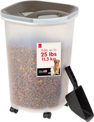 IRIS Premium Airtight Dog Food Storage Container with Casters, Scoop, Seal & Air Valve, Brown, 25-lbs