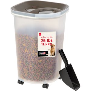 IRIS Premium Airtight Dog Food Storage Container with Casters, Scoop, Seal & Air Valve, Brown, 25-lbs