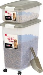 IRIS 3-Piece WeatherPro Airtight Stackable Dog, Cat & Bird Food Storage Container Combo with Scoop & Treat Box, Clear/Gray, 54-lb