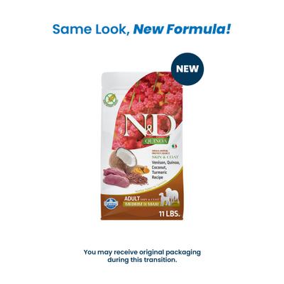 Show full view: Farmina N&D Quinoa Canine Adult Skin & Coat Venison, Coconut & Turmeric Dry Dog Food, 11-lb bag slide 3 of 10