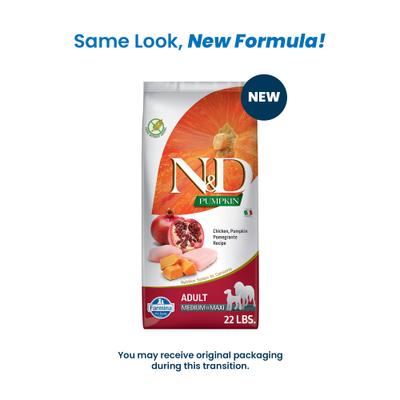 Show full view: Farmina N&D Pumpkin Canine Adult Chicken & Pomegranate Dry Dog Food, 22-lb bag slide 3 of 10