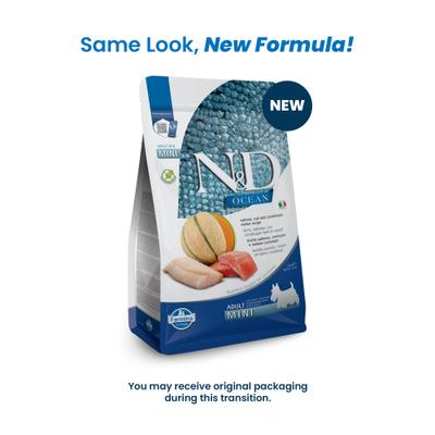 Show full view: Farmina N&D Ocean Canine Adult GMO-Free Salmon, Cod, Cantaloupe Mini Dry Dog Food, 15.4-lb bag slide 3 of 11