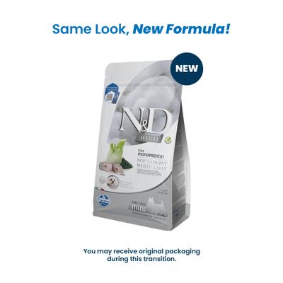 Show full view: Farmina N&D White Coat Canine Formula Adult GMO-Free Sea Bass, Fennel & Kelp Mini Dry Dog Food, 4.4-lb bag slide 3 of 5