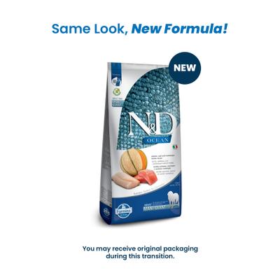 Show full view: Farmina N&D Ocean Canine Adult GMO-Free Salmon Cod Cantaloupe Maxi Giant Dry Dog Food, 26.4-lb bag slide 3 of 11