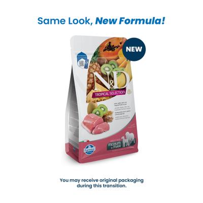 Show full view: Farmina N&D Tropical Selection Pork Adult Medium & Maxi Dry Dog Food, 4.4-lb bag slide 3 of 5
