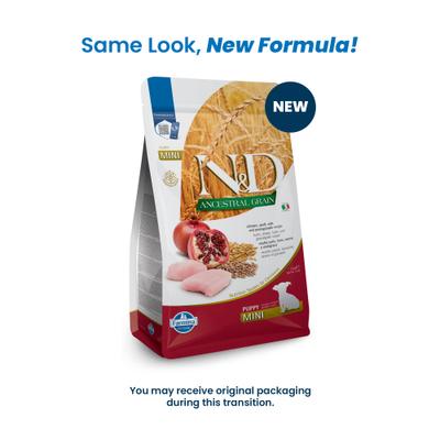 Show full view: Farmina N&D Ancestral Grain Chicken & Pomegranate Mini Puppy Dry Dog Food, 5.5-lb bag slide 3 of 11