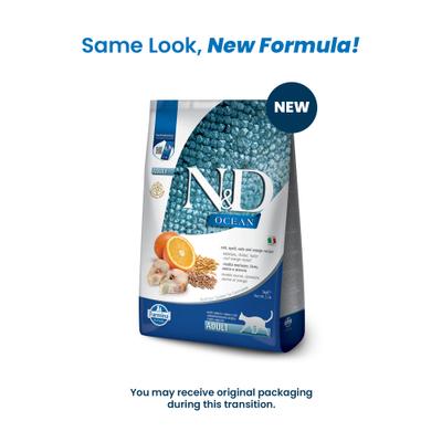 Show full view: Farmina N&D Ocean Codfish, Spelt, Oats & Orange Adult Dry Cat Food, 11-lb bag slide 3 of 11