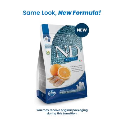 Show full view: Farmina N&D Ocean Herring & Orange Medium & Maxi Adult Grain-Free Dry Dog Food, 5.5-lb bag slide 3 of 11