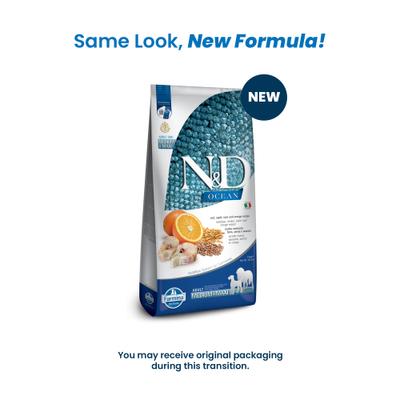 Show full view: Farmina N&D Ocean Codfish & Orange Ancestral Grain Medium & Maxi Adult Dry Dog Food, 26.5-lb bag slide 3 of 11